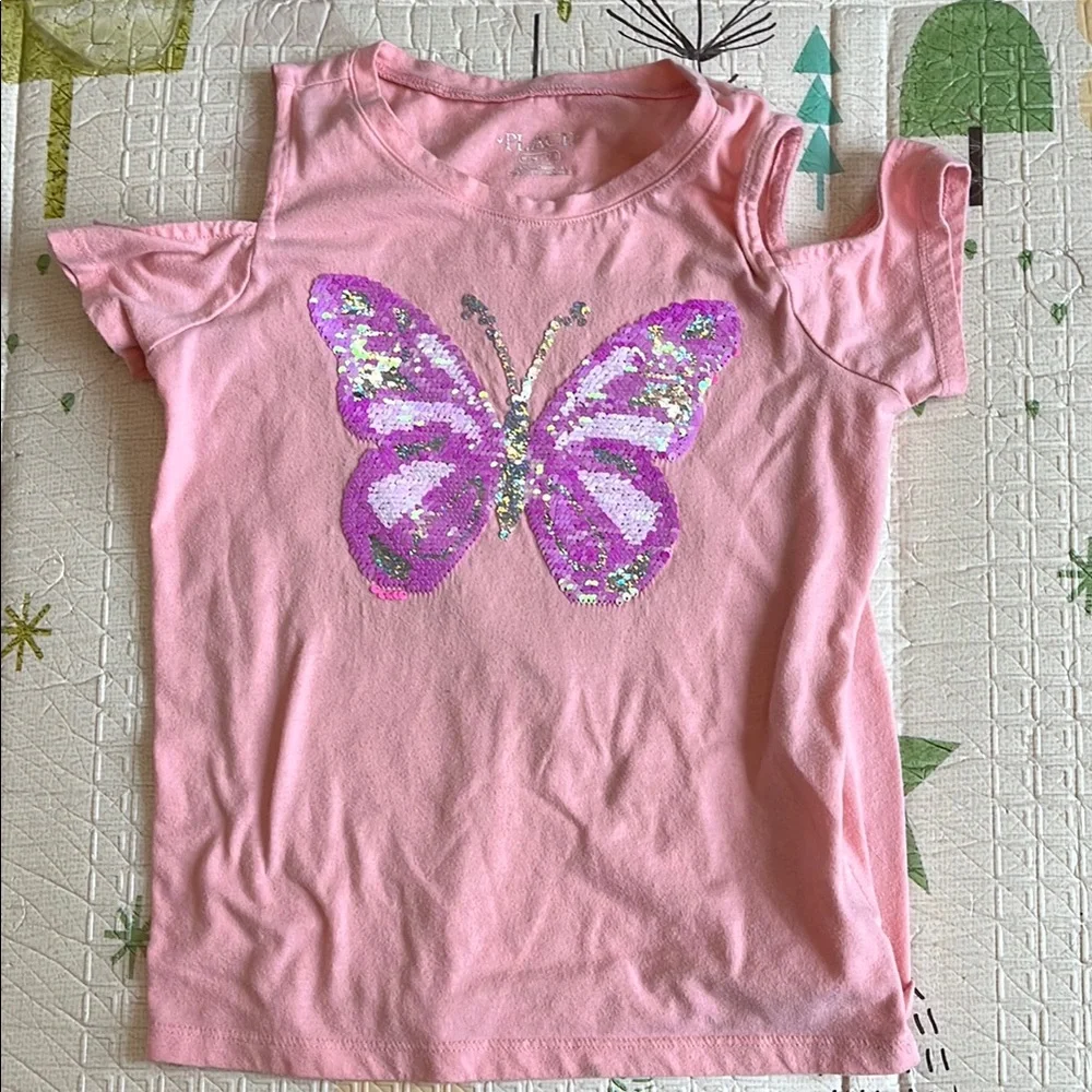 The Children’s Place Pink Butterfly and Strawberry Cold Shoulder Tops (Size:7/8)